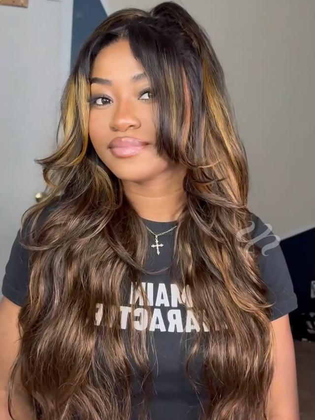 UBetter 7x5 Brown Balayage Highlights Body Wave Glueless Non-slip  Pre-Everything Ready-to-Wear with Curtain Bangs Wig with Invisi Drawstring