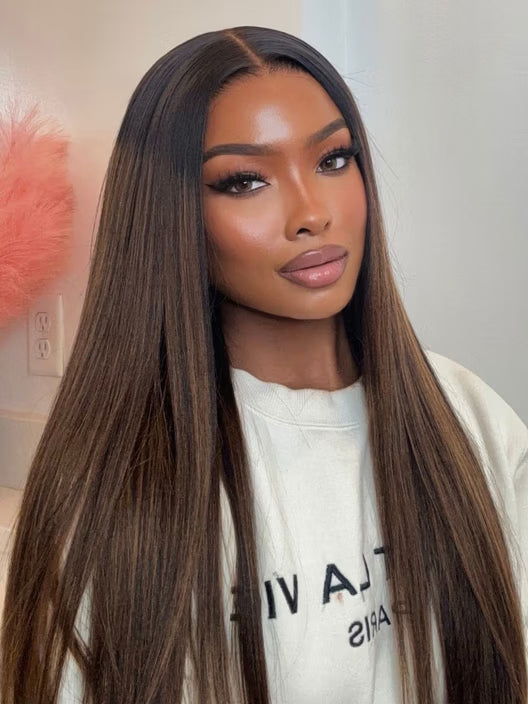 UBetter Balayage Highlights Yaki Straight with Drawstring 100% Human Hair 13x4 Lace Frontal Pre-Everything Glueless Lace Non-slip Ready-to-Wear