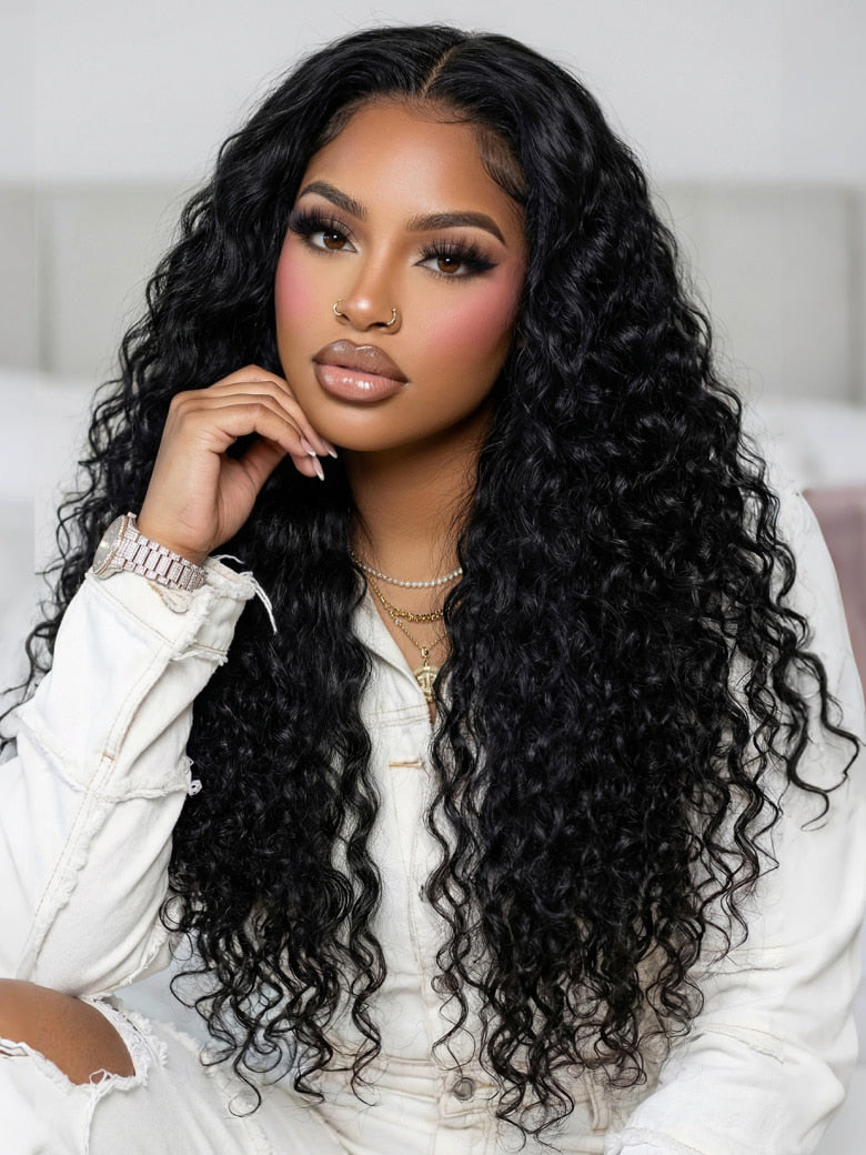 13x4 Glueless Beach-Ready 2-in-1 Straight to Water Wave Wet And Wavy Natural Black Pre-cut Pre-bleached  With Invisi Drawstring 100% Human Hair Wig