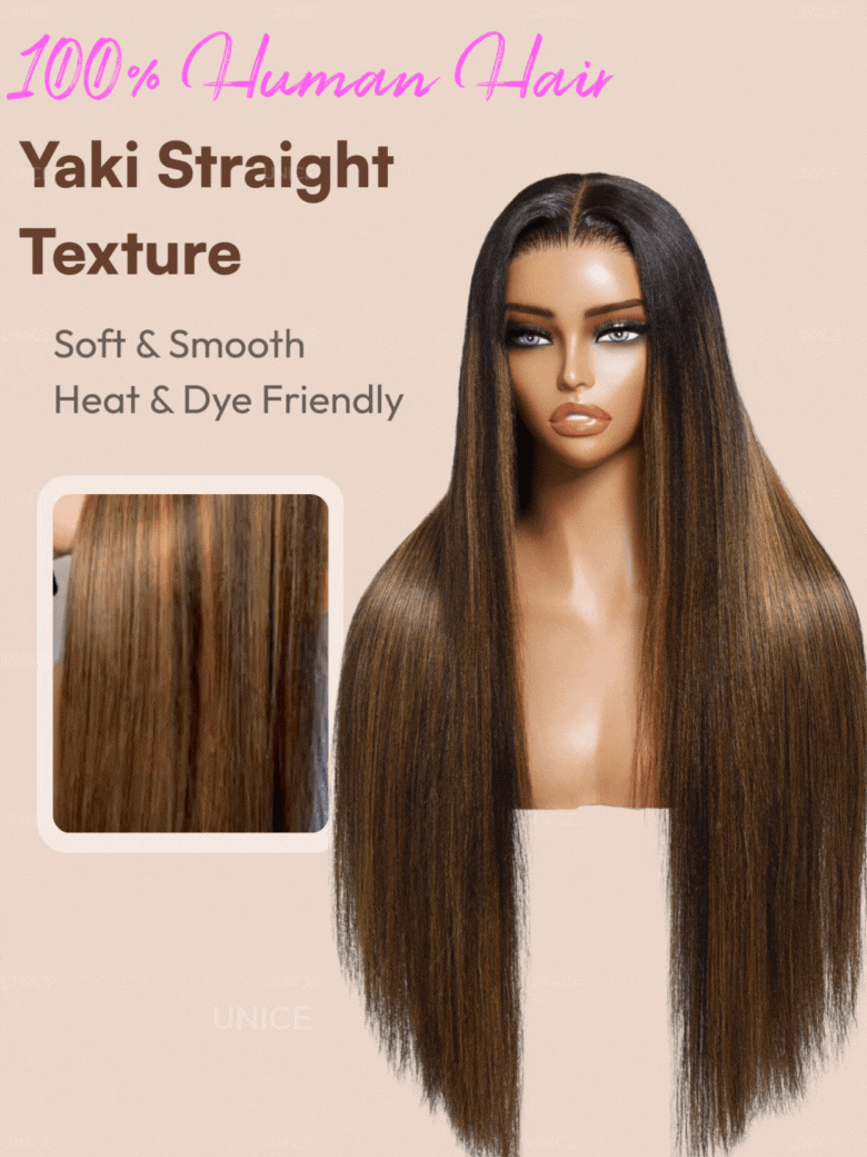 UBetter Balayage Highlights Yaki Straight with Drawstring 100% Human Hair 13x4 Lace Frontal Pre-Everything Glueless Lace Non-slip Ready-to-Wear