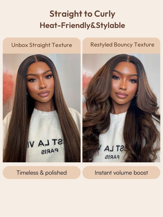 UBetter Balayage Highlights Yaki Straight with Drawstring 100% Human Hair 13x4 Lace Frontal Pre-Everything Glueless Lace Non-slip Ready-to-Wear