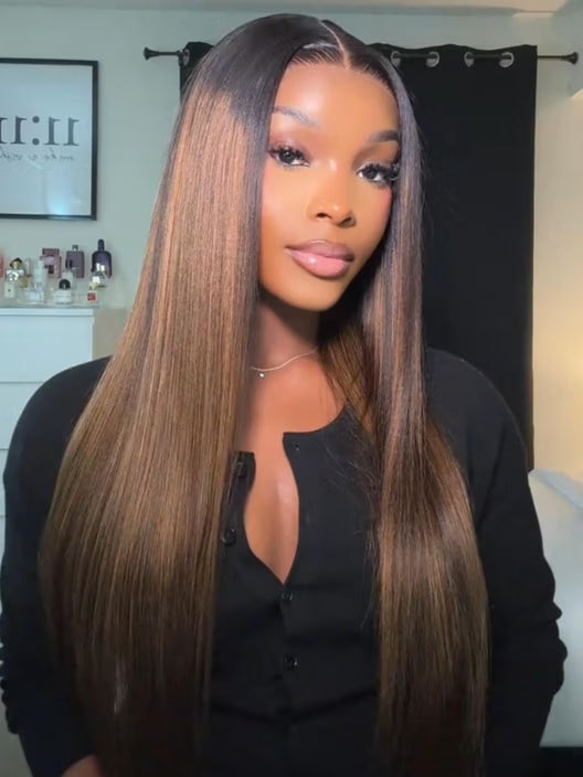 UBetter Balayage Highlights Yaki Straight with Drawstring 100% Human Hair 13x4 Lace Frontal Pre-Everything Glueless Lace Non-slip Ready-to-Wear