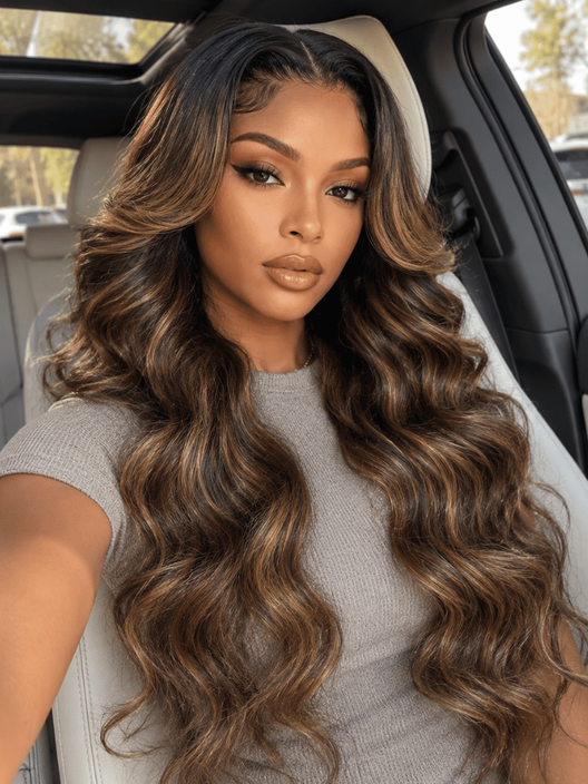 UBetter 7x5 Brown Balayage Highlights Body Wave Glueless Non-slip  Pre-Everything Ready-to-Wear with Curtain Bangs Wig with Invisi Drawstring