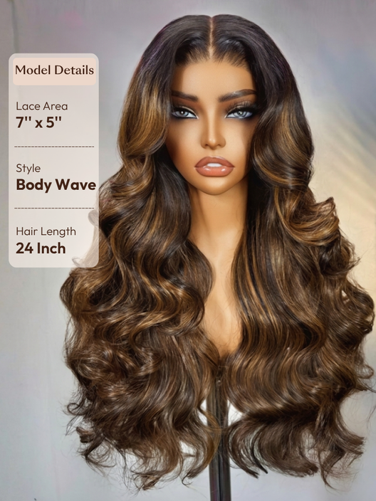 UBetter 7x5 Brown Balayage Highlights Body Wave Glueless Non-slip  Pre-Everything Ready-to-Wear with Curtain Bangs Wig with Invisi Drawstring