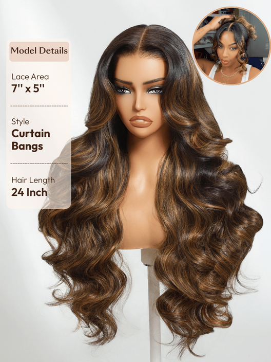 UBetter 7x5 Brown Balayage Highlights Body Wave Glueless Non-slip  Pre-Everything Ready-to-Wear with Curtain Bangs Wig with Invisi Drawstring