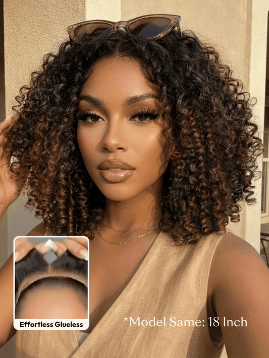 UBetter 7x5 Non-slip Glueless Lace With Invisi Drawstring Black to Chestnut Brown Ombre Burmese Curly With Finger Coil Ends Wig Pre-Everything Ready-to-Wear