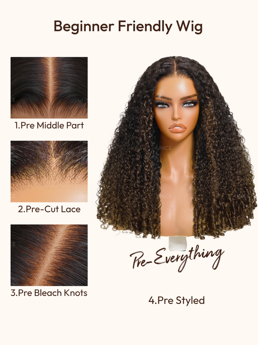 UBetter 7x5 Non-slip Glueless Lace With Invisi Drawstring Black to Chestnut Brown Ombre Burmese Curly With Finger Coil Ends Wig Pre-Everything Ready-to-Wear