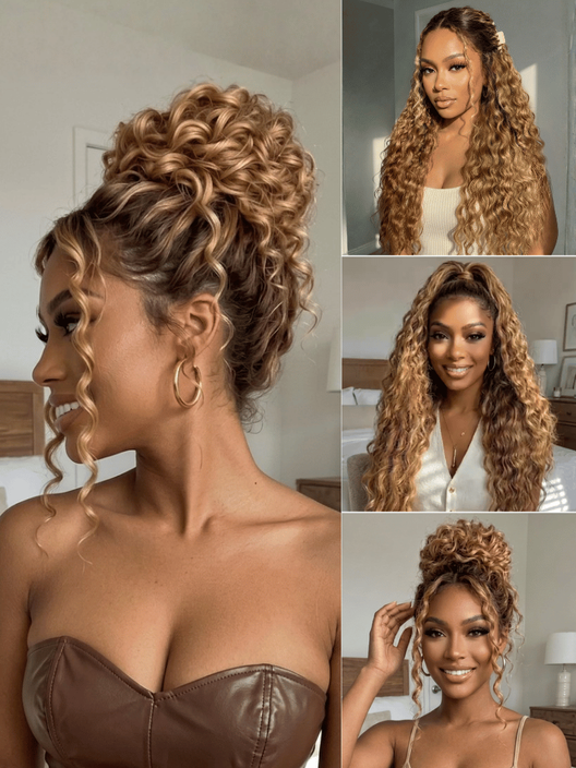UBetter 13x4 Glueless Non-slip Lace Frontal With Honey Blonde Highlights Water Wave Drawstring Wig 150% Density Pre-Everything Ready-to-Wear