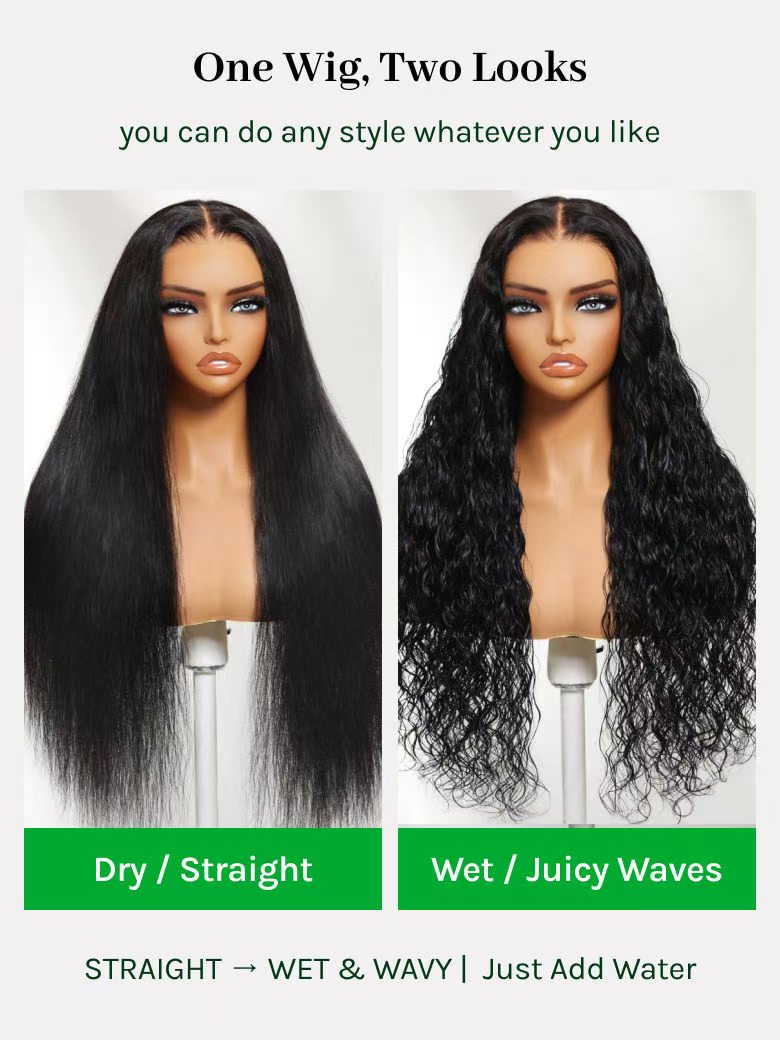 13x4 Glueless Beach-Ready 2-in-1 Straight to Water Wave Wet And Wavy Natural Black Pre-cut Pre-bleached  With Invisi Drawstring 100% Human Hair Wig